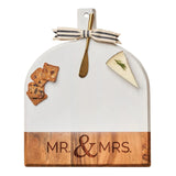 ACACIA BEVEL BOARD WHITE WITH RIBBON & GOLD SPREADER KNFIE | MODERN MR. & MRS
